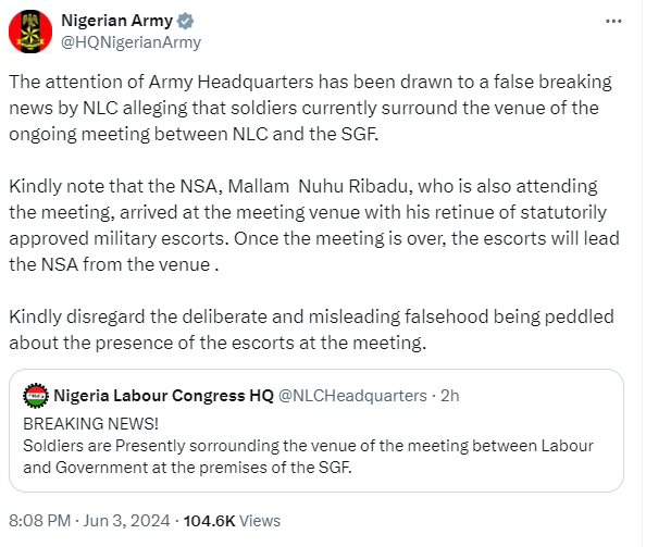 Army refutes NLC?s claims of soldiers surrounding meeting venue