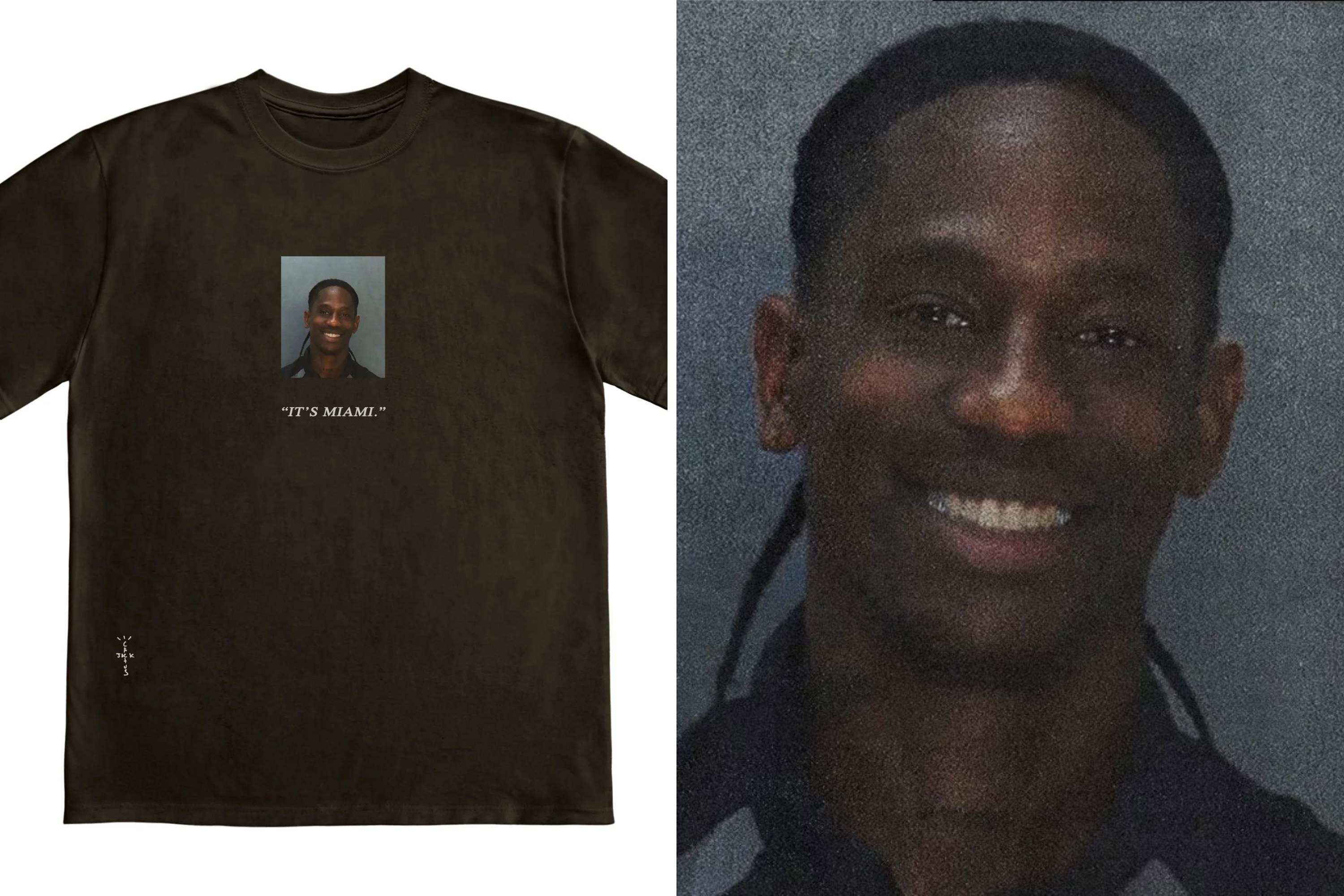 Rapper Travis Scott selling T-shirts featuring his mugshot after his recent arrest for disorderly intoxication and trespassing in Miami